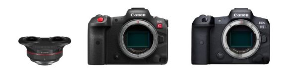 (从左至右)RF5.2mm F2.8 L DUAL FISHEYE镜头、EOS R5 C全画幅电影摄影机、EOS R5全画幅专微