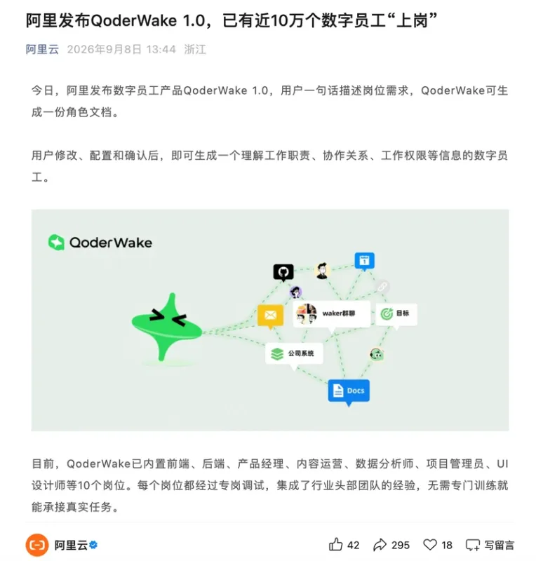 阿里云发布数字员工产品QoderWake 1.0,近10万数字员工已上岗 图1