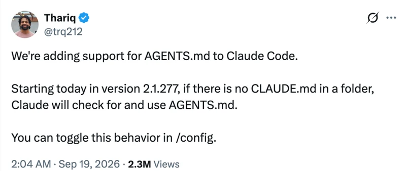 Claude Code 开始支持 AGENTS.md,Anthropic 与 OpenAI 统一项目指令标准 图1