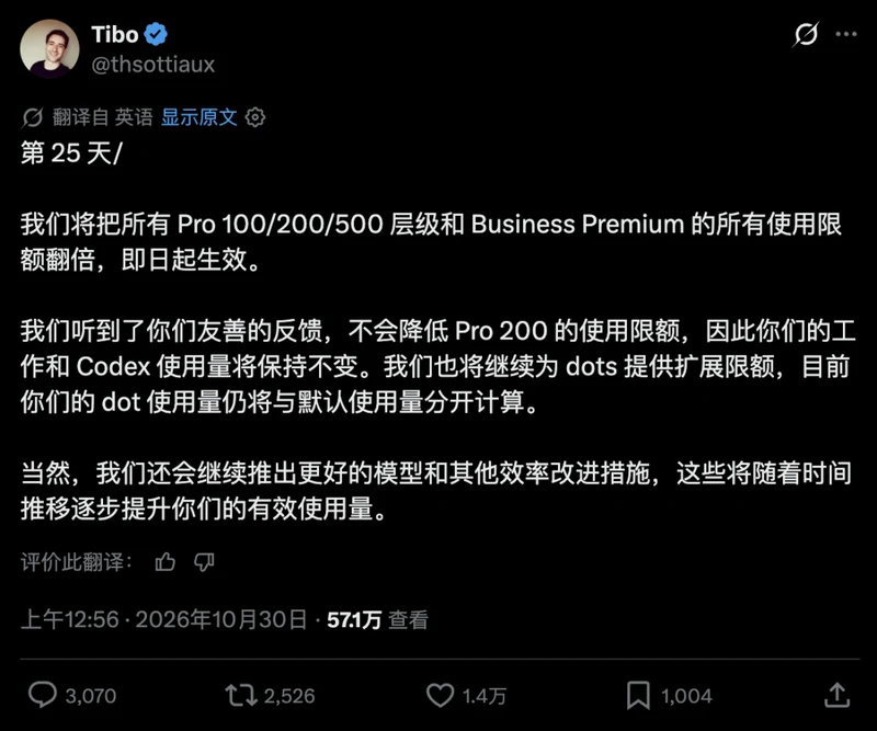 ChatGPT Pro全档位额度官宣翻倍 即日生效并撤销Pro 200下调计划 图1